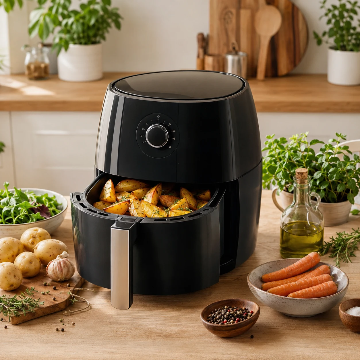 Air fryer with golden potatoes and fresh ingredients on a kitchen counter