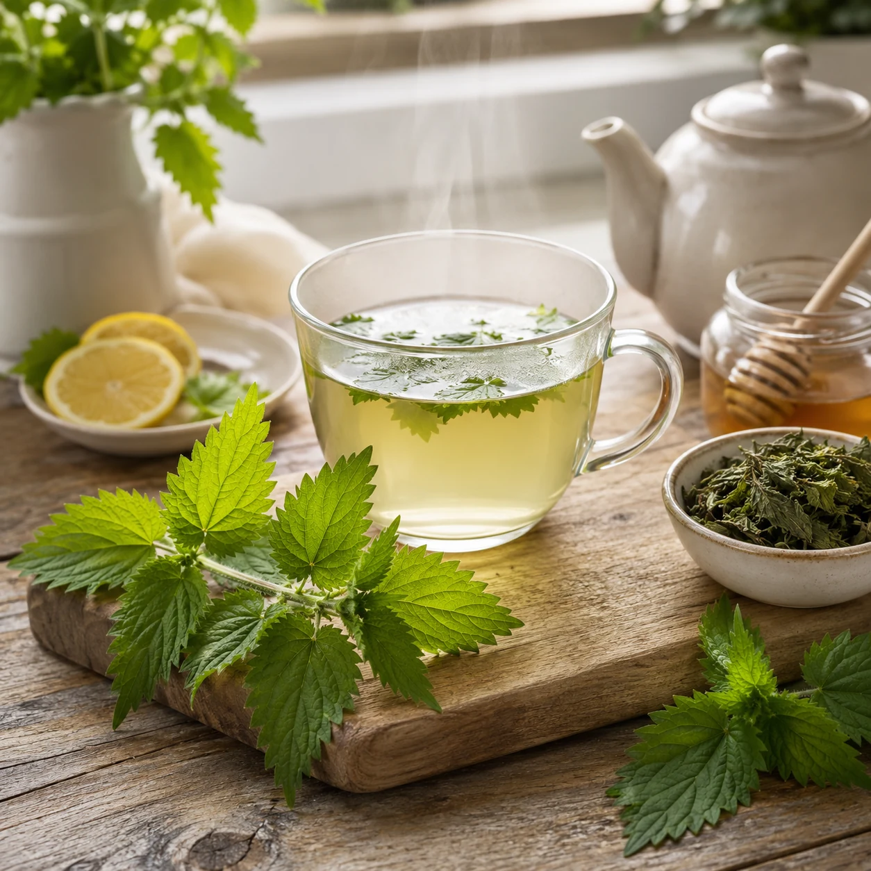 Stinging nettle tea with fresh nettle leaves, honey and lemon