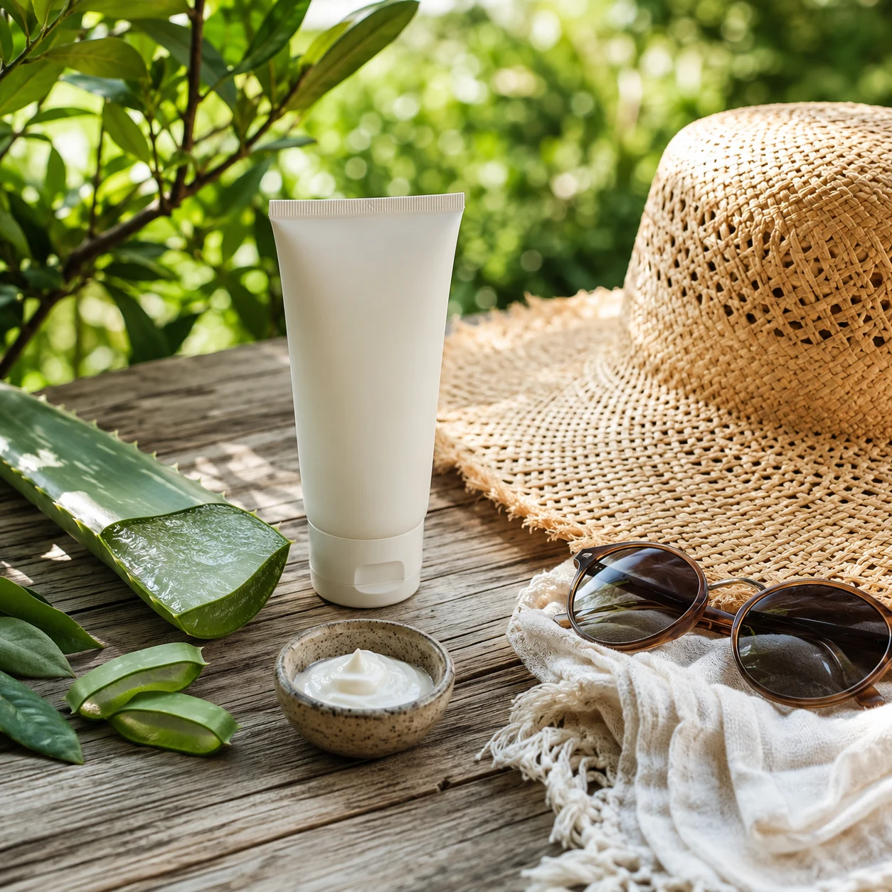 The Hidden Health Risks of Sunscreen-Mineral sunscreen with aloe vera, sunglasses and a straw hat on a wooden table