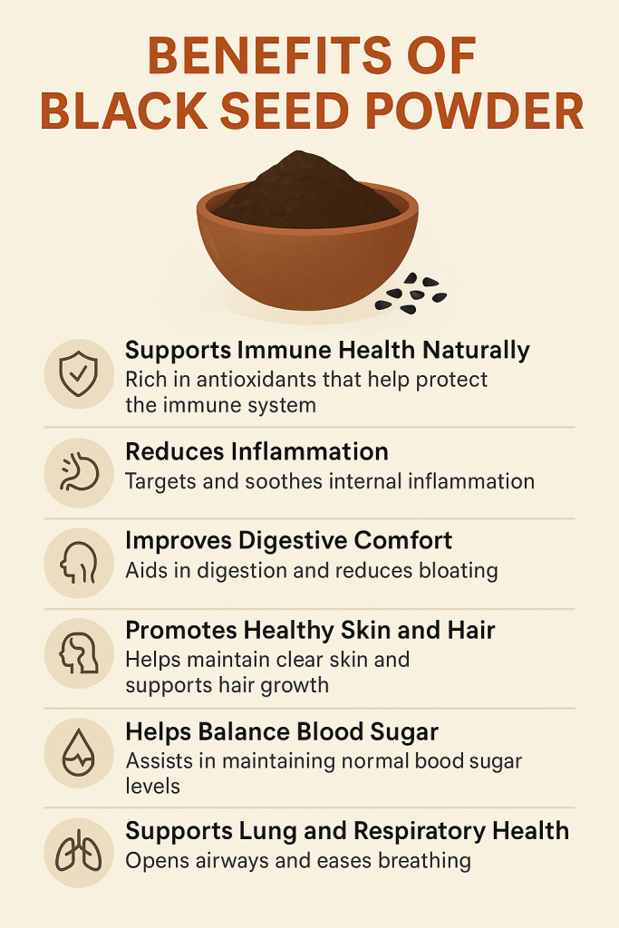 Explore the benefits of black seed powder for digestion, immunity, skin, and lungs. Learn how to use it for natural everyday support.