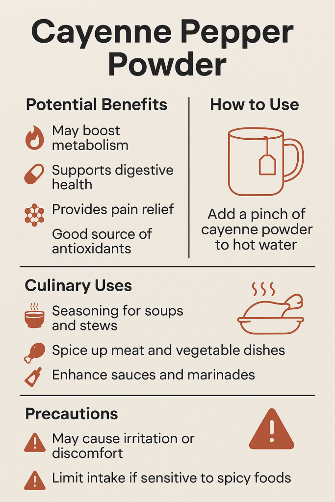 Discover the benefits of cayenne pepper powder for digestion, pain relief, metabolism, and circulation. Learn safe, everyday uses.