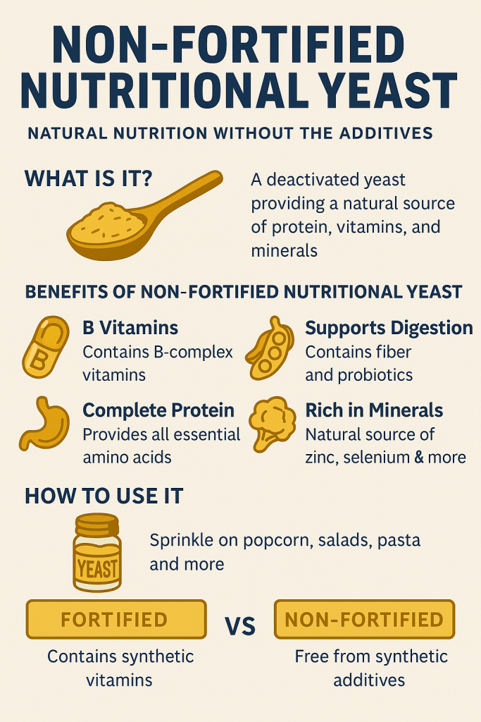 Discover the benefits of non-fortified nutritional yeast — clean protein, B vitamins, and minerals without synthetic additives. A real food.