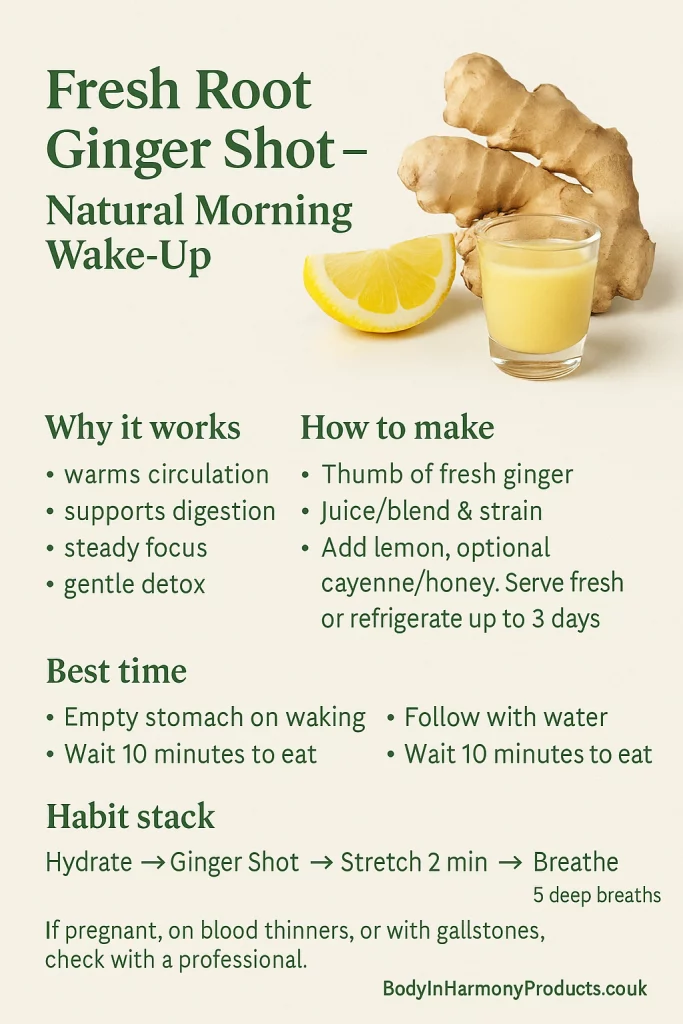 A fresh root ginger shot can naturally awaken your body, boost energy, support digestion each morning. A simple start with powerful results.