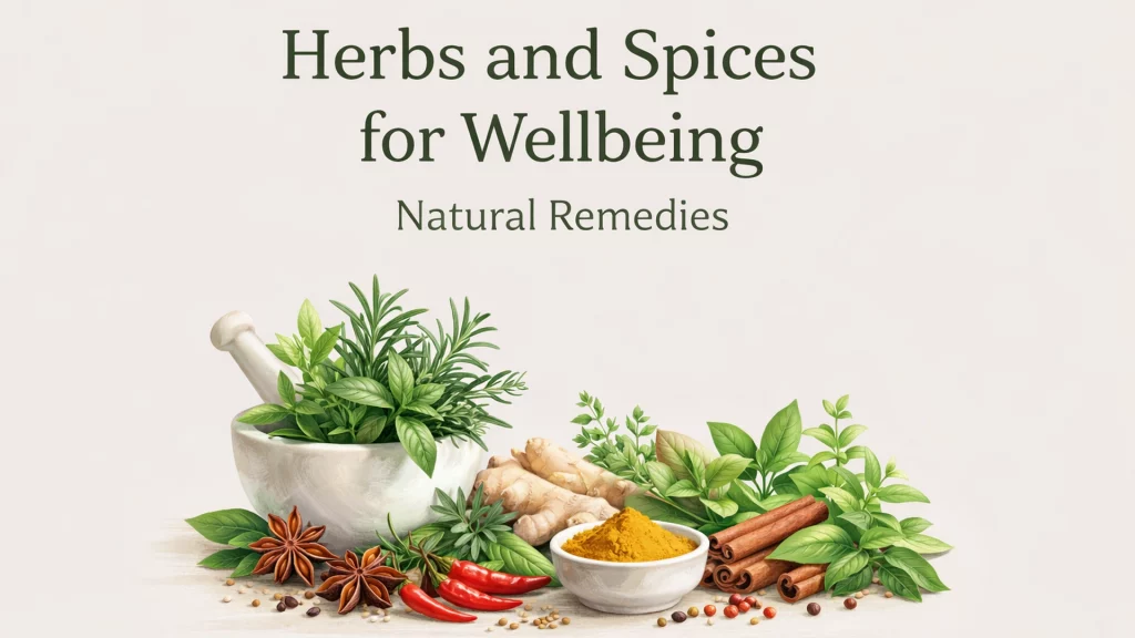 Herbs and spices for wellbeing focus on natural remedies that support balance, calm, and everyday health through simple, traditional use.