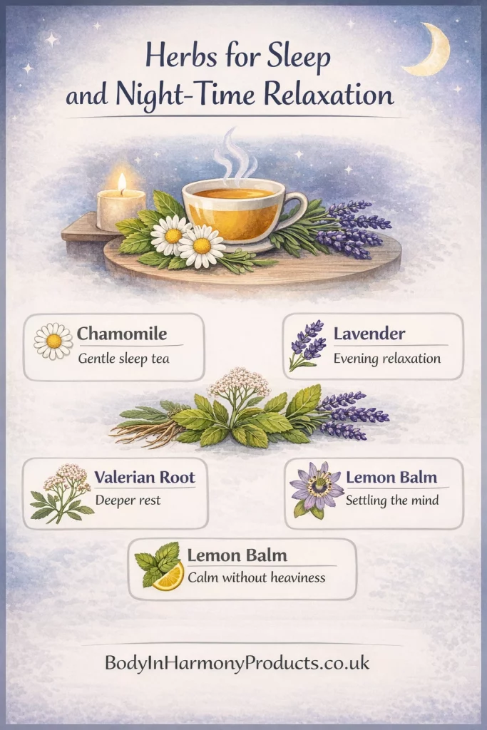 Herbs for sleep and night-time relaxation gently support evening calm, helping the body unwind and settle naturally before rest.