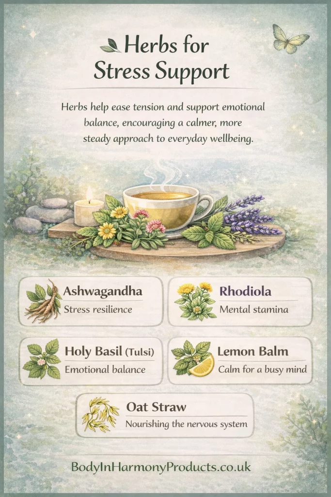 Herbs for stress support gently help ease tension and support emotional balance, encouraging a calm, steady approach to everyday wellbeing.