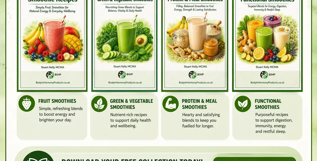 Download your free smoothie recipe eBook series with simple, natural blends to support energy, digestion, and everyday wellbeing.