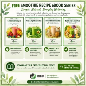 Download your free smoothie recipe eBook series with simple, natural blends to support energy, digestion, and everyday wellbeing.