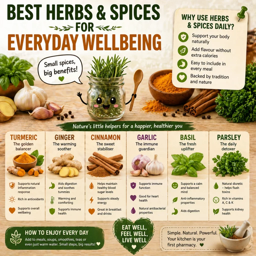 Support your health naturally with the best herbs and spices for everyday wellbeing. Simple, effective ways to boost your daily routine.
