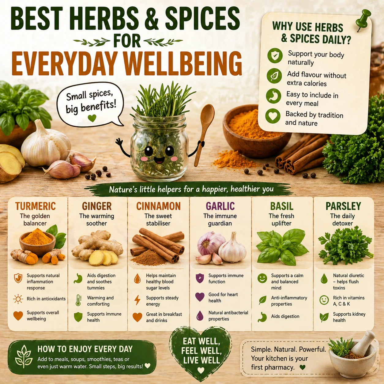 Support your health naturally with the best herbs and spices for everyday wellbeing. Simple, effective ways to boost your daily routine.