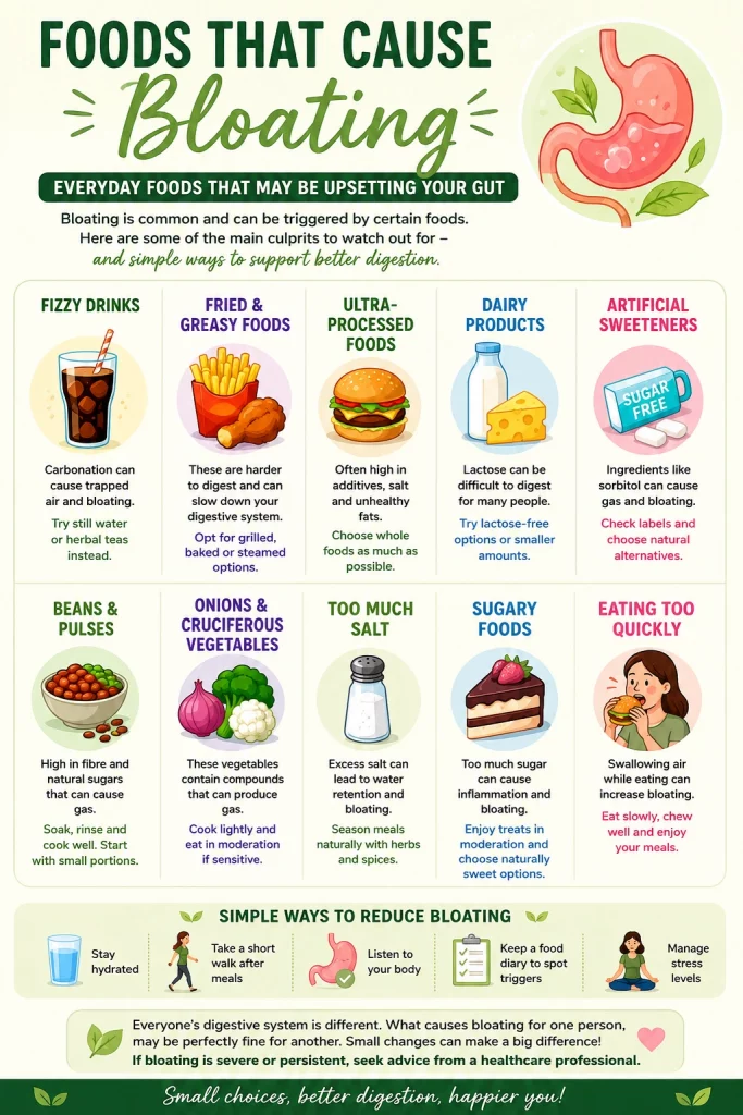 Foods that cause bloating, trapped wind, and digestive discomfort. Learn common trigger foods and simple ways to support digestion naturally