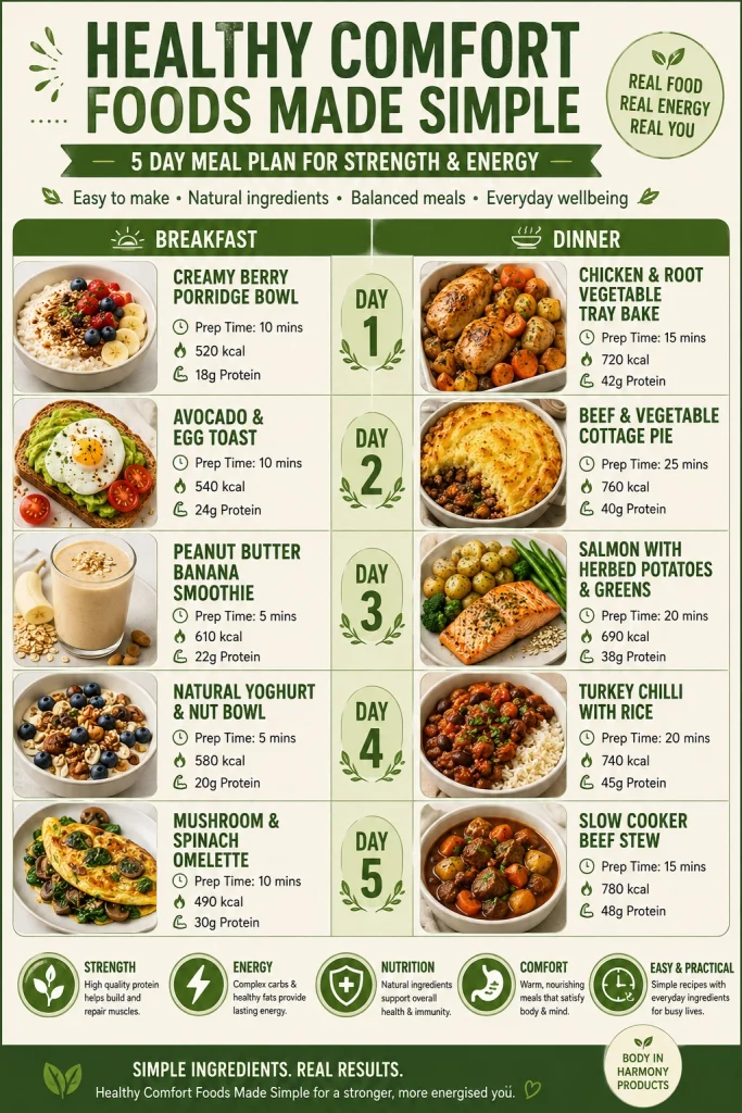 Healthy Comfort Foods Made Simple with a 5 day meal plan using natural ingredients for strength, energy, balance, and everyday wellbeing.