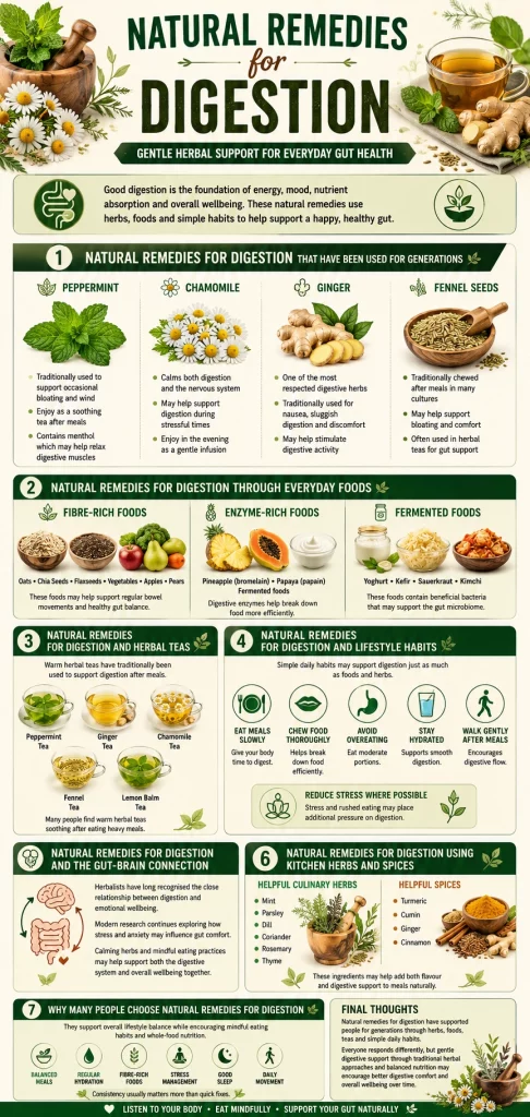 Natural remedies for digestion herbs, teas, foods, and simple daily habits that may help bloating, gut comfort & digestive wellbeing naturally