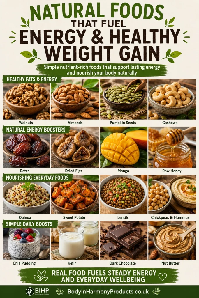 Natural foods for weight gain include nuts, seeds, dates and nutrient-rich foods that fuel energy, support balance and nourish the body.
