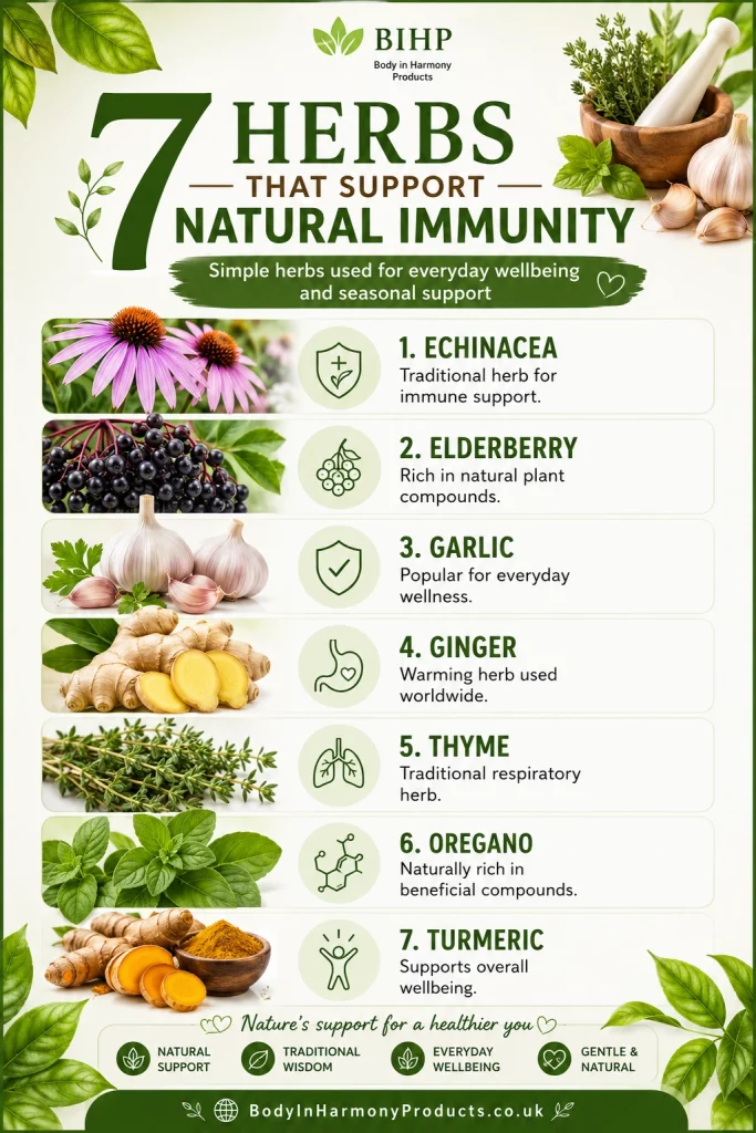 Learn about herbs that support natural immunity, including garlic, ginger, turmeric and thyme, plus simple ways to use them daily.