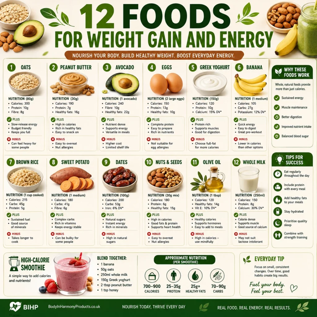 Foods for weight gain and energy can help support healthy weight, strength and daily vitality using simple, nutrient-rich ingredients.