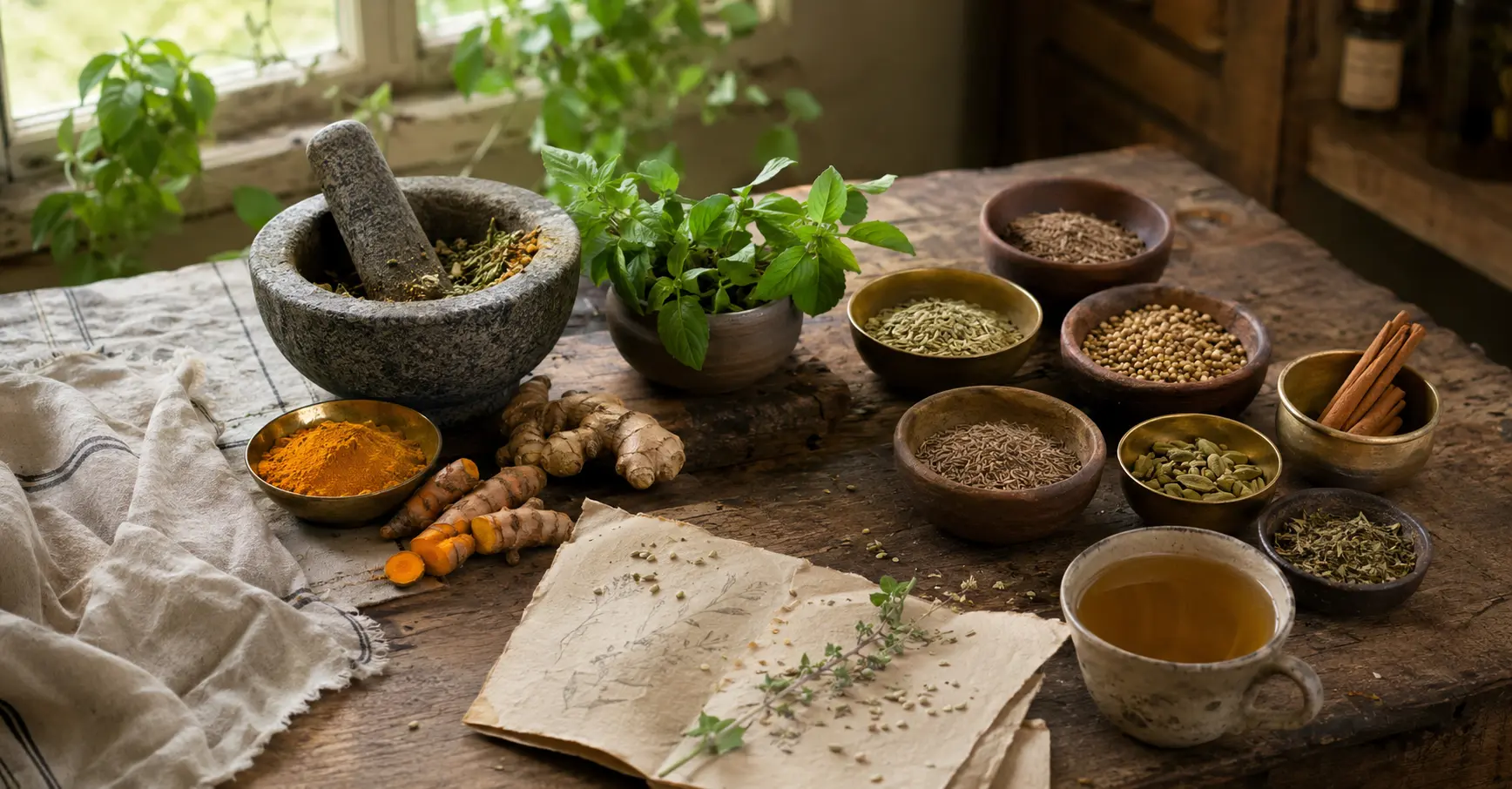 A Beginner's Guide to Ayurveda on Body in Harmony Products, showing turmeric, ginger, herbs, spices, herbal tea and natural Ayurvedic-inspired ingredients.