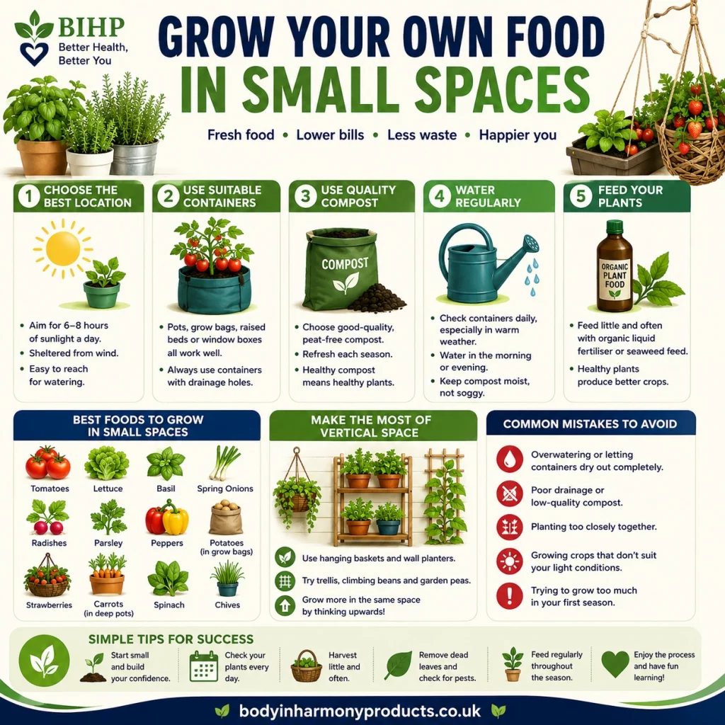 Learn how to grow your own food in small spaces using pots, containers and raised beds with simple tips for beginners and healthier living.