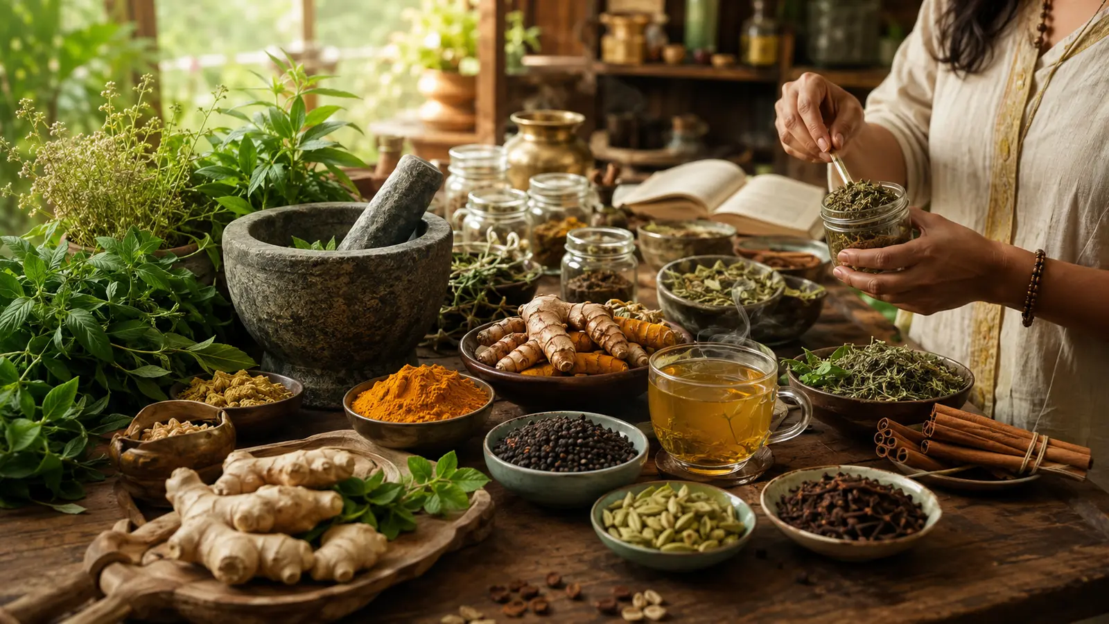Herbs Spices and Natural Wellbeing Guidance Herbs, spices, herbal tea and mortar and pestle for natural wellbeing guidance