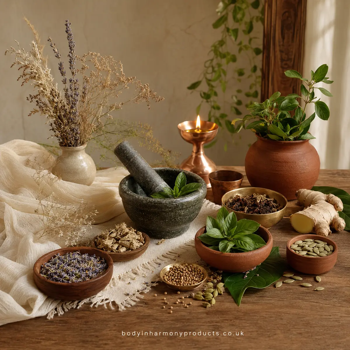 Vata Pitta Kapha represented by herbs, natural elements and a traditional Ayurvedic mortar and pestle